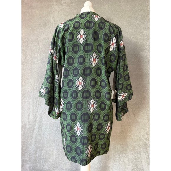 Vintage Japanese Haori Jacket Green Silk Ikat Boho Statement Coat - Picture 3 of 9